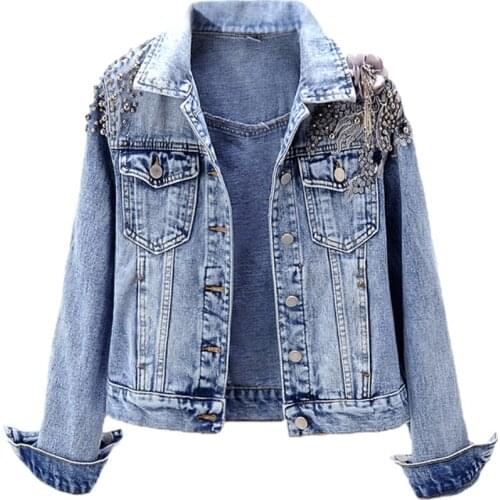 Fashion Beaded Flowers Denim Jacket Women New Autumn Korean Long Sleeve Short Slim Jeans Coat Female Casual Outerwear Tide H1259