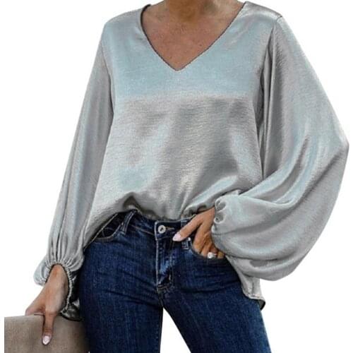 Solid Color Women Casual Loose Blouse Lantern Long Sleeve Simple Satin V-Neck Autumn Oversize Blouse Pullover Streetwear Tops