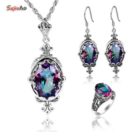 Szjinao Egg Mystic RainbowTopaz Vintage Real 925 Sterling Silver Fashion Jewelry Sets For Women Wedding Pendant/Earrings/Ring