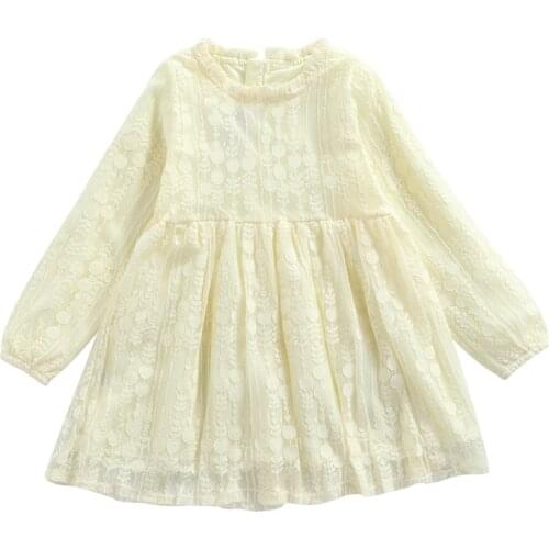 2-7 Years Kids Princess Dress Girls Lace Floral Round Neck Long Sleeve for Summer Fall White