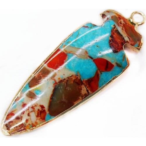 1Pcs 48x18x5mm Wholesale Red&Blue Sea Sediment Jasper & Pyrite Arrow Gilt Edge Pendant Bead DIY Jewelry Accessories S855