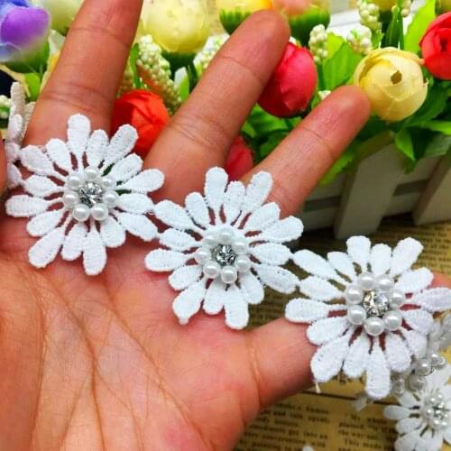 10X White Daisy Cotton Pearl Flowers 3D Diamond Embroidered Lace Trim Ribbon Fabric Sewing Supplies Craft For Garment Hat Decor