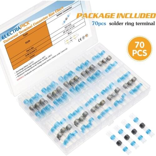70pcs Heat Shrink Connectors Kit AWG16-14 Solder Seal Sleeve Wire Butt Connectors Waterproof Assortment Electrical Terminals