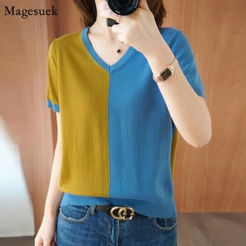 Summer Knitted Blouse Women 2021 Thin Korean Short Sleeve Loose V-neck Shirts for Women Cotton Casual Blouses Tops Female 9437