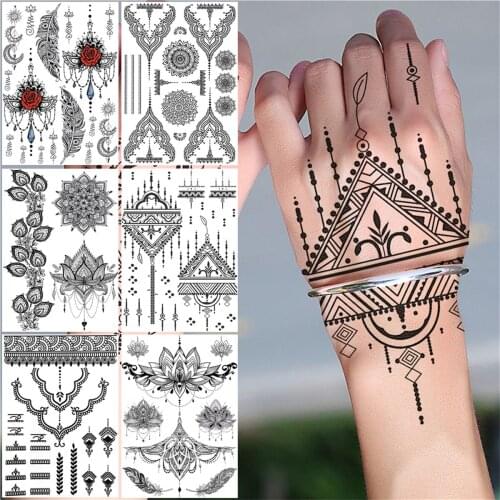 Large Henna Flower Temporary Tattoos For Women Girl Adult Tribal Mandala Tattoo Sticker Fake Transferable Black Tatoo Hands Foot