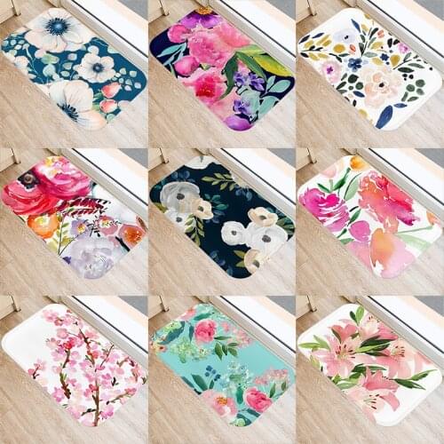 Colorful Flower Pattern Kitchen Entrance 40*60 Door Mat Coral Velvet Carpet Rubber Indoor Floor Mats Non-Anti-Slip Rug 48062-1