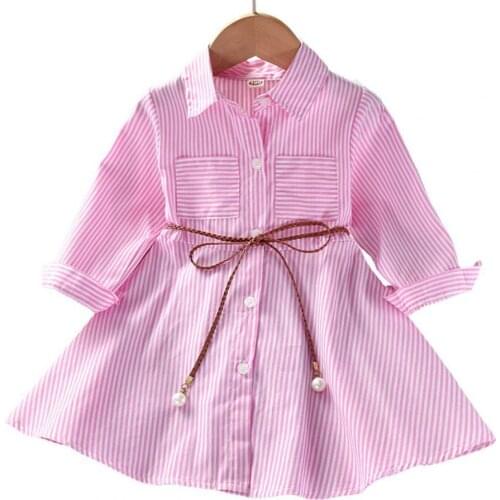Kids Dress Long Sleeve Leisure Casual Dress Waist Band Button Placket Middle Length Kids Stripe A-line Shirt Dress for Going Out