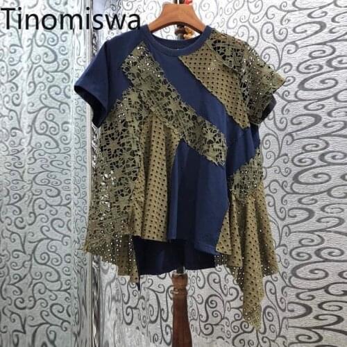 Tinomiswa Summer New Tshirt Women Lace Patchwork Cut Out Loose T Shirt O Neck Short Sleeve Irregular Tops Ladies Camisetas Mujer