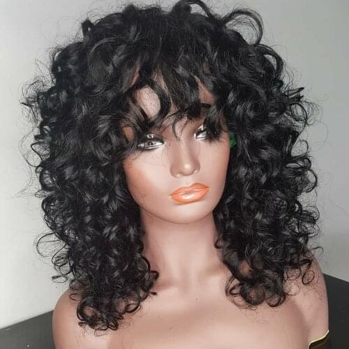 Indian Loose Curl Pre Plucked 13x6 Lace Front Human Hair Wigs with Bangs 200Density Glueless Fringe Wigs Full Lace Remy Hair