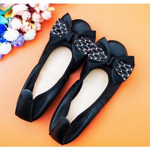 Classic Flat Keel Shoes Womens 2021 Spring Round Toe Shallow Mouth Solid Bow Ballet Shoes Flats Woman Genuine Leather Size 44