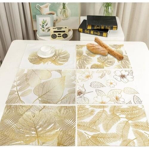 Dinner Placemat Waterproof Table Mat Hand Painted Gold Leaves Printed For Tables Heat-insulation Linen Kitchen Dining Pads