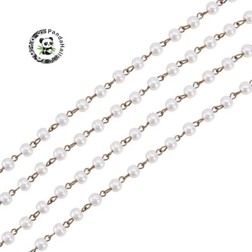 6mm Handmade Round Glass Pearl Beads Chains for Neckalces Bracelets Making, with Antique Bronze Iron Eyepins, Beige, 39.3"