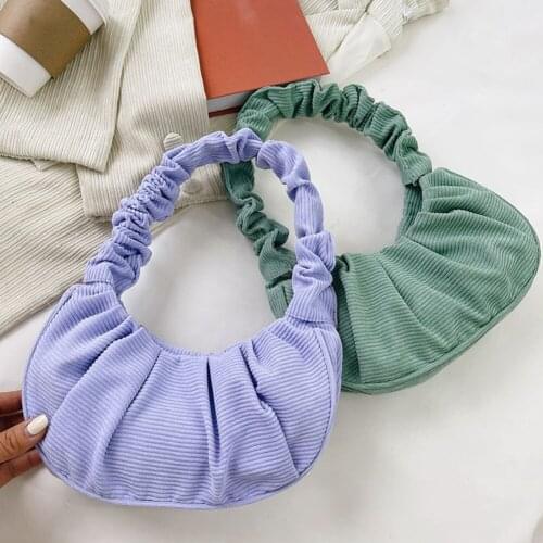Fashion Women Corduroy Pleated Cloud Underarm Shoulder Bag Ladies Autumn Winter Solid Color Hobos Small Purse Handbags