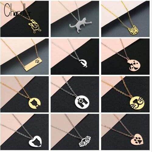 Chandler Stainless Steel Cat Necklace For Girl cat On the Moon French Bulldog Chain Choker Kitten Miao Paw Home Pet Gift Colier