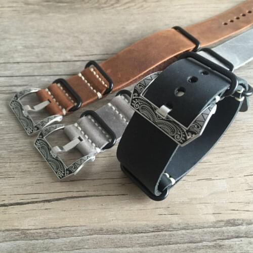 Handmade Retro Brown Gray Leather Strap G10 NATO 20mm 22mm 24mm 26mm mad horse skin NATO Mens Leather strap with carved buckle