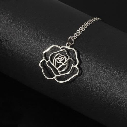 Female Hollow Rose Flower Pendant Necklace For Women Couple Gold Silver Color Stainless Steel Fashion Lovers Statement Jewelry
