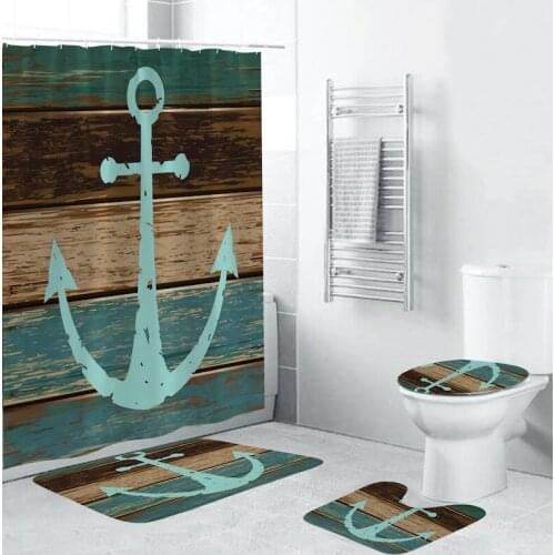 Anchor Printed Pattern Shower Curtain Pedestal Rug Lid Toilet Cover Mat Bath Mat Set Bathroom Curtains with Hooks