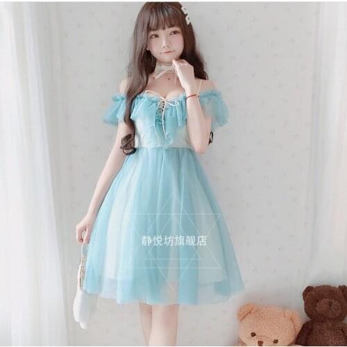 Sexy Sweet Lolita Dress Thin and Low Chest Off Shoulder V-neck Bandage Victorian Dress Kawaii Girl Princess Tea Party Loli Cos