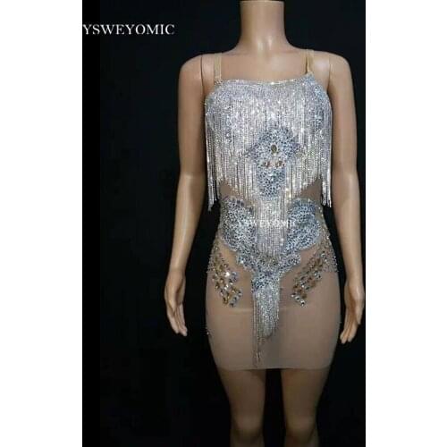 Silver Shiny Rhinestones See through Mesh Dress Womens Birthday Celebrate Dress Bar Singer Show See Through Outfit Dress