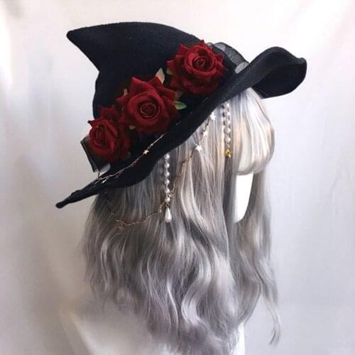 Lolita style Dark girl witch parade lolita velvet witch hat soft girl wide brim rose Party witch hat