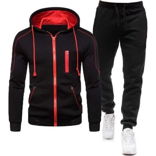 Fitness Hooded Outerwear Jacket Joggers Suit 2 Pieces Sets Tracksuit Men Autumn Zipper Hoodie Sweatshirt+Pants Solid Sporting