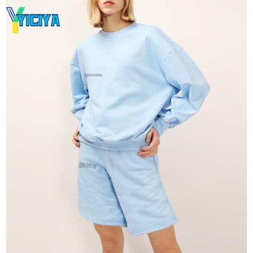 YICIYA Crewneck Sweatshirt+Long Shorts Two Piece Set Women Solid Long Sleeve Tops High Waist Sweatpants, Casual Tracksuit,met