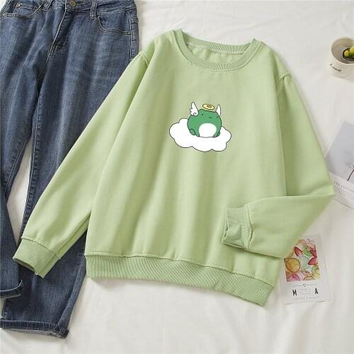 Autumn Winter Angel Frog Oversized Cotton Sweatshirt Women Printed Hoodies Harajuku Warm Pullover Pocket Pink Hoodie Womens
