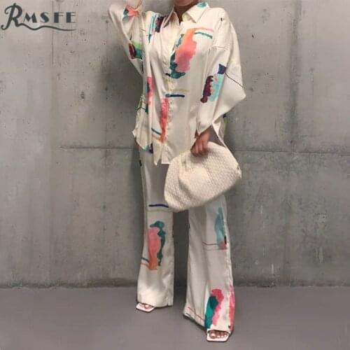 RMSFE 2021 Womens Long Sleeve Lapel Single Breasted Printed Housewear Pajamas Wide Leg Pants Two-Piece Set