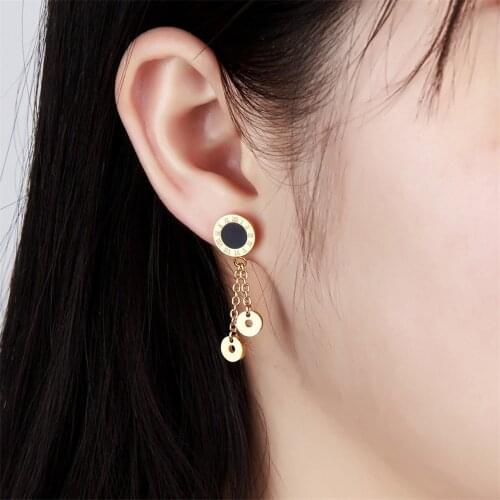 316L Stainless Steel Enamel Double Tassel Pendant Roman Numerals AAA Zircon Crystal Ladies Long Earrings