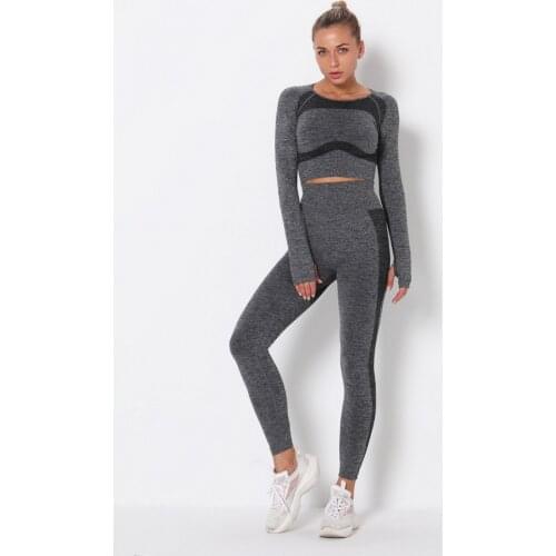 Women Long Sleeve Yoga Sets Sport Fitness Seamless Suit Gym Tops Leggings Running Tracksuits Workout Sportswear Outfits NT012