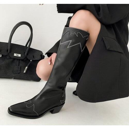 White Sewing Chunky Heels Womens Boots Leather Med Heels Knee High Boots Square Toe Zipper Western Boots for Women Shoes Botas