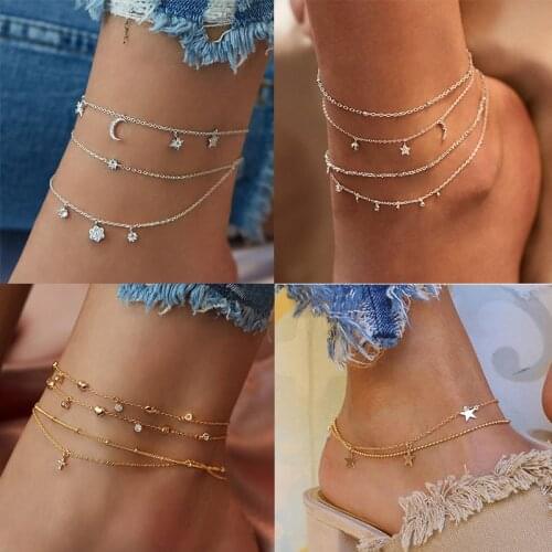 2020 Retro Star Moon Crystal Womens Anklet Statement Bohemian Multi-layer Ankle Leg Anklet Jewelry Wholesale