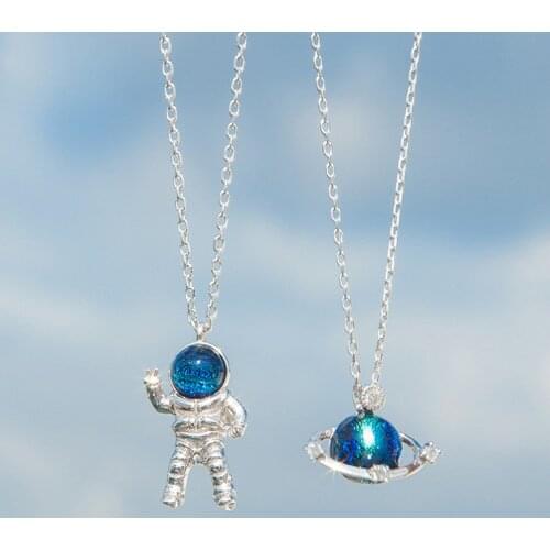 2pcs Creativity Space Astronaut Planet Pendant Necklace Hip-hop Street Pop Personality Punk Jewelry Valentines Day Gift 2021