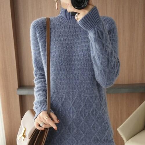 2021 The New 100% Australian Wool Sweater Pure Color Knitted Mid-length Round Collar Pullover Sweater Loose Large Size Sweater