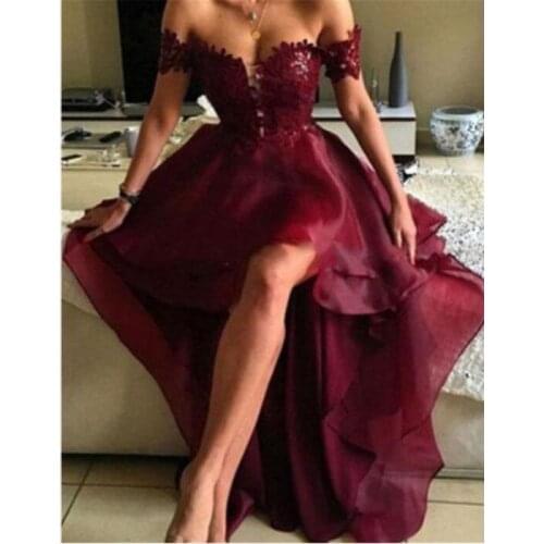 2021 Sexy Burgundy Evening Dress High Low Off-The-Shoulder Floor Length Elegant Plus Size Evening Prom Party Gowns