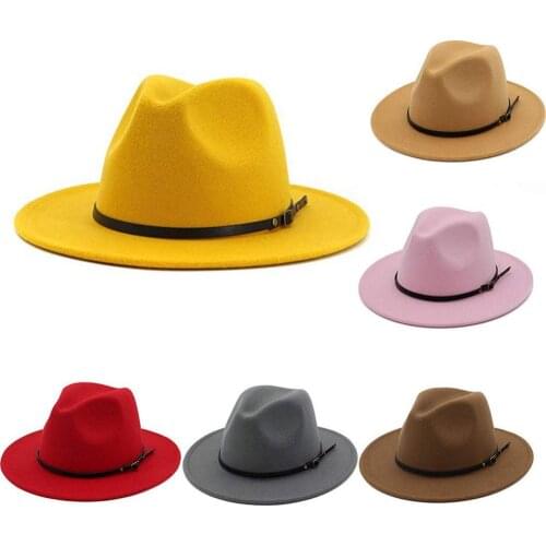 50% Hot Sales Vintage Solid Color Felt Wide Brim Bowler Fedora Hat Winter Floppy Women Cap