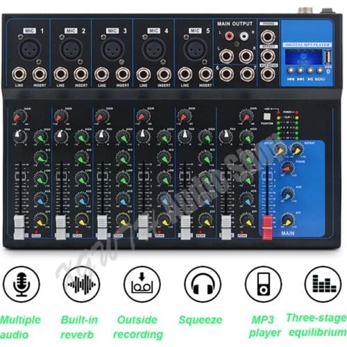Mixer 7 Channel Audio Mixer with Bluetooth USB 48V Phantom Power for Recording DJ Stage Karaoke Music Audio Mixing Console