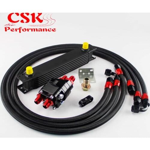 7 Row 248mm AN8 Universal Engine Transmission Oil Cooler British Type + Filter Adapter Kit Black/Blue