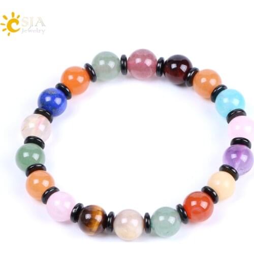 CSJA Mixed Color Natural Stone Bracelet Crystal Quartz Beads 7 Chakra Colorful Handmade Charm Bangle for Women Yoga Jewelry F153