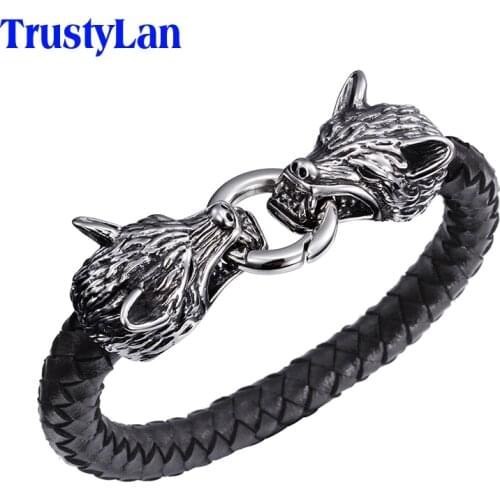 Cool Stainless Steel Double Wolf Head Mens Bracelets Bangles Quality Black Genuine Leather Bracelet Men Pulseras Jewelry Gifts