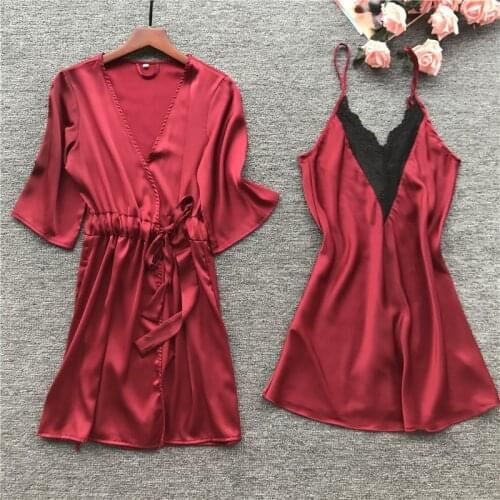 Foply Sexy 2 PCS Sleep Dress Nightgown Robe 2020 Summer Faux Silk Satin Half Sleeve Womens Pajamas Elegant Homewear Robe Femme