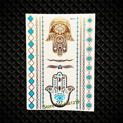 Hot Sale Fashion Henna Hamsa Eye Hands Gold Flash Temporary Tattoo Women Body Art Arm Sleeve Tattoo Indian Totem Jewel Makeup