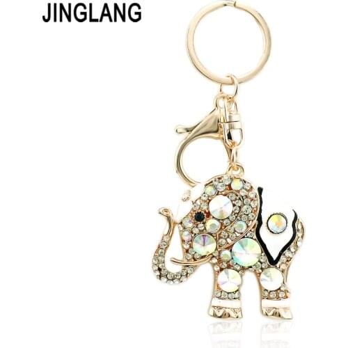 JINGLANG Fashion Gold Color Metal Lobster Clasp Keyring Dangle Crystal Enamel Animal Elephant Keychains For Men Luxury Jewelry