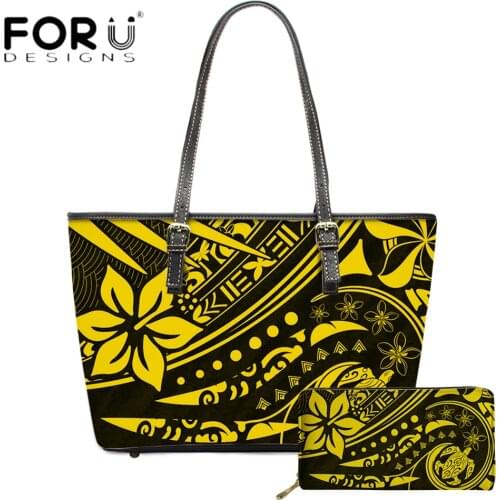 FORUDESIGNS 2pcs Set Women Luxury Shoulder Bag And Purse Hawaiian Tribe Floral With Turtle Printing Ladies Handbags Sac Femme