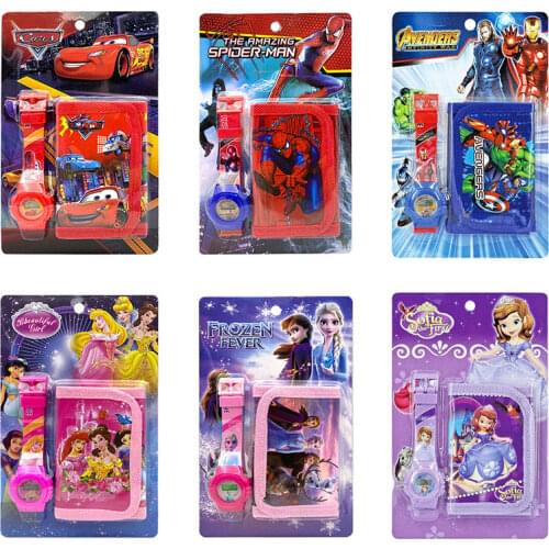 Disney Frozen Spiderman Cars Snow White Sofia Watch Wallet Set Childrens Cartoon Anime The Avengers Toy Watches Coin Purse