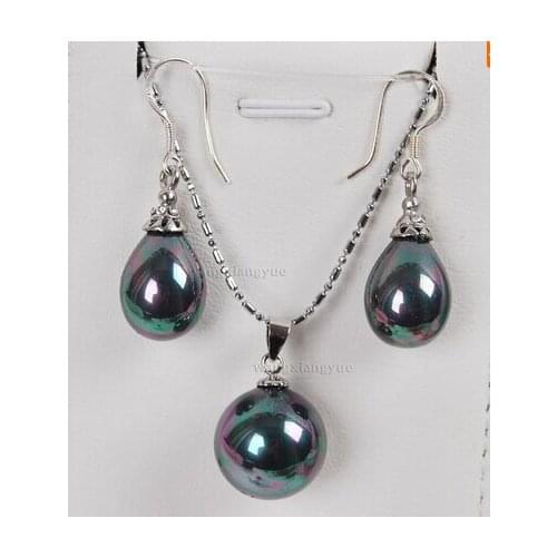 Jewelry Set hook South Black Sea Shell Pearl Earrings (12x16mm) Pendant(16mm) Necklace Set 18" AAA style