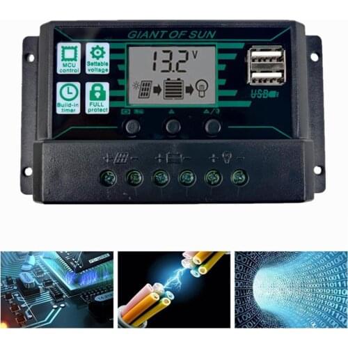 Solar Charge Controller, Dual USB Port Solar Panel Battery Intelligent Regulator, Multi-Function LCD Display