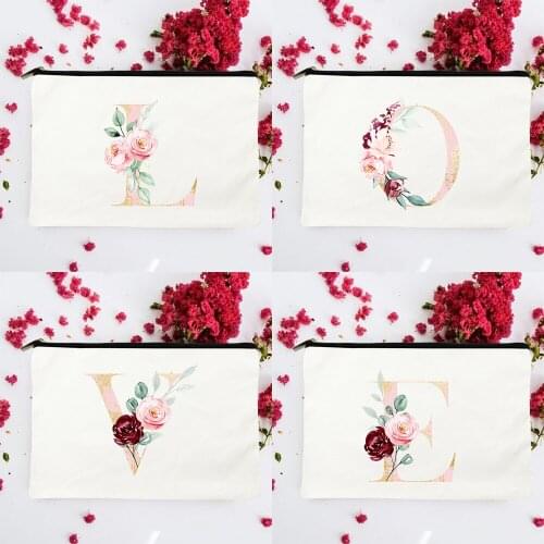 26 Letter Flower Print Makeup Bags Cosmetic Case Travel Toiletries Organizer Pouch Canvas Harajuku Lipstick Bag Organizer Box