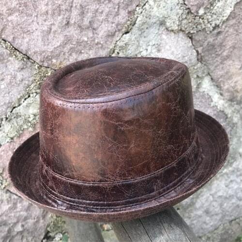 Fashion Men Leather Fedora Hat Dad Pork Pie Hat Boater Flat Top Hat For Gentleman Bowler Gambler Top Hat 2 Big Size