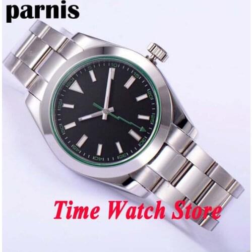 Parnis 40mm black sterial dial green marks luminous flash hand sapphire glass Automatic mens watch 432 relogio masculino